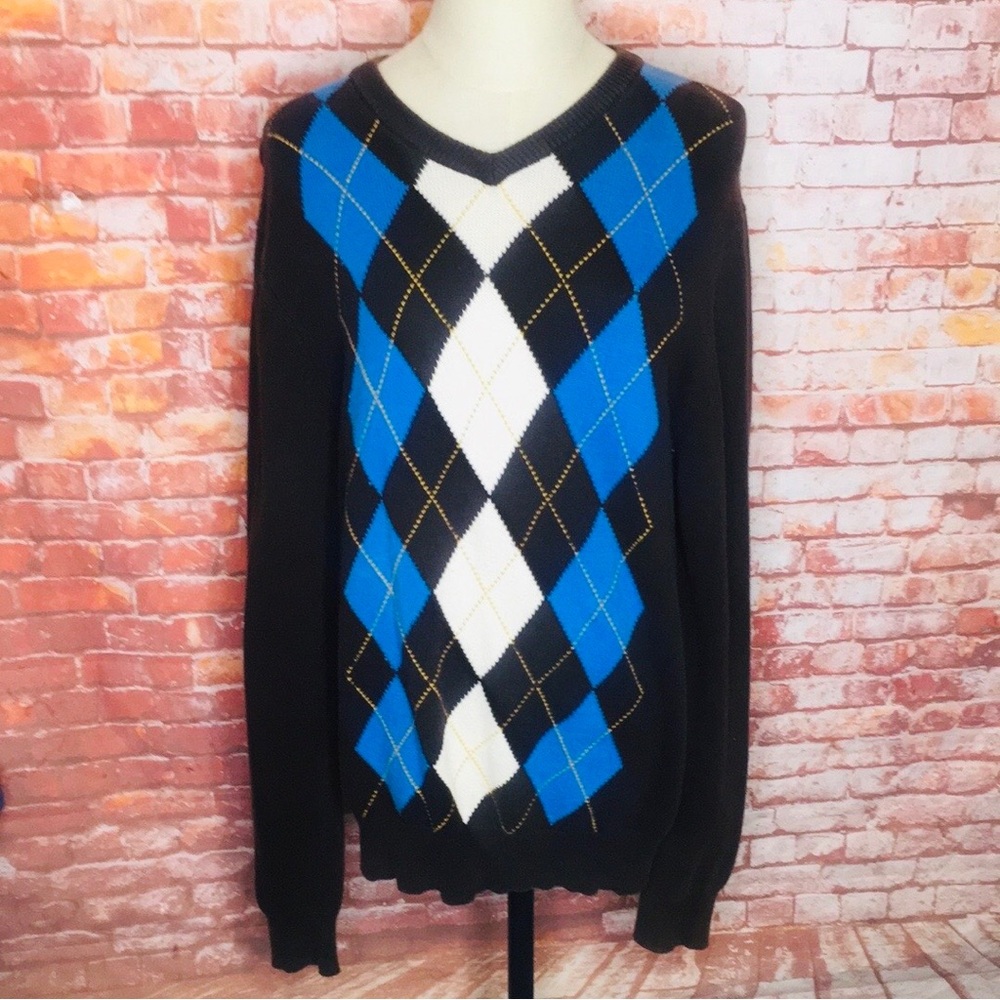 American Eagle Chocolate Brown and Blue V-neck Cotton  Argyle Sweater